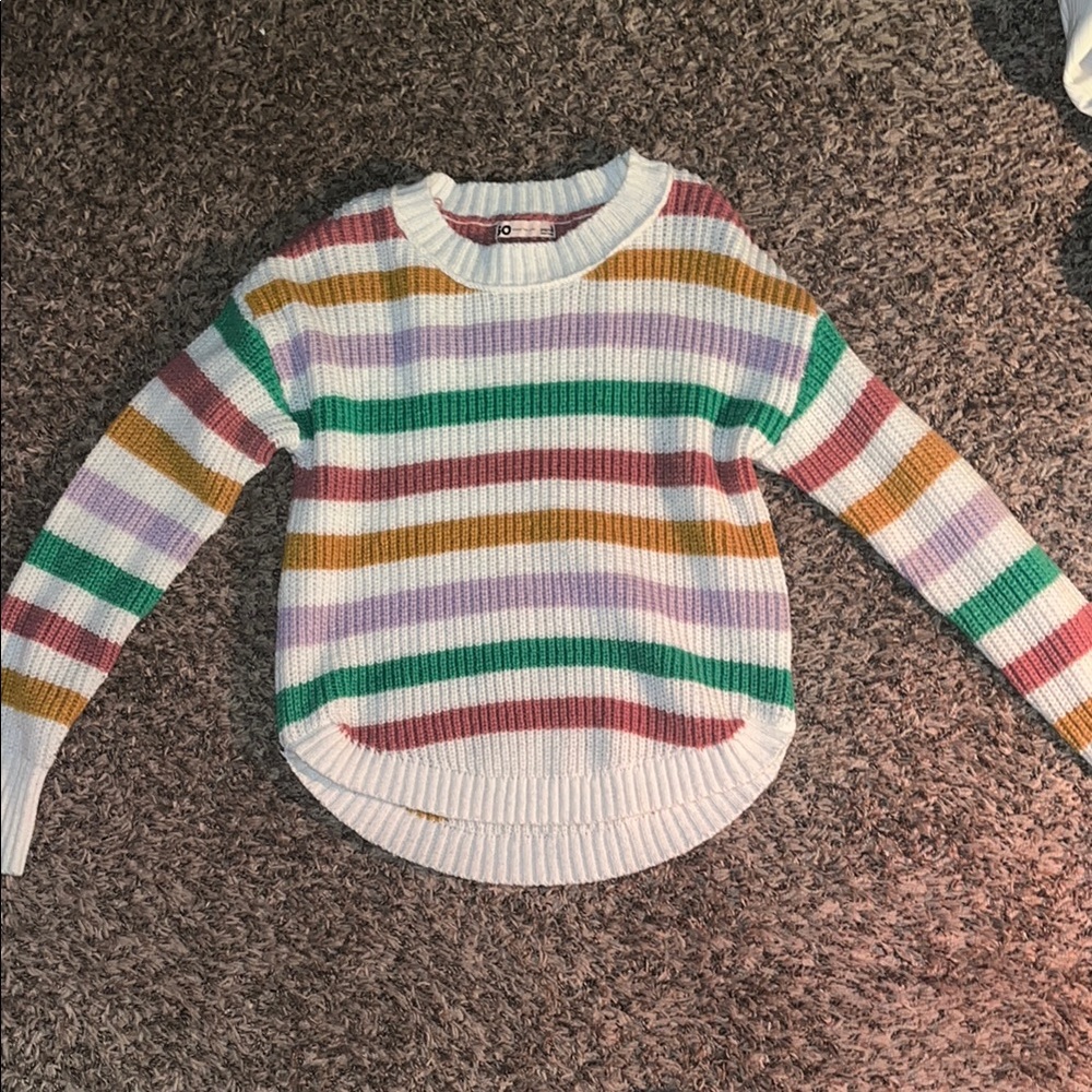 SO Green and Pink Crew Neck Sweater with Ribbed Knit
